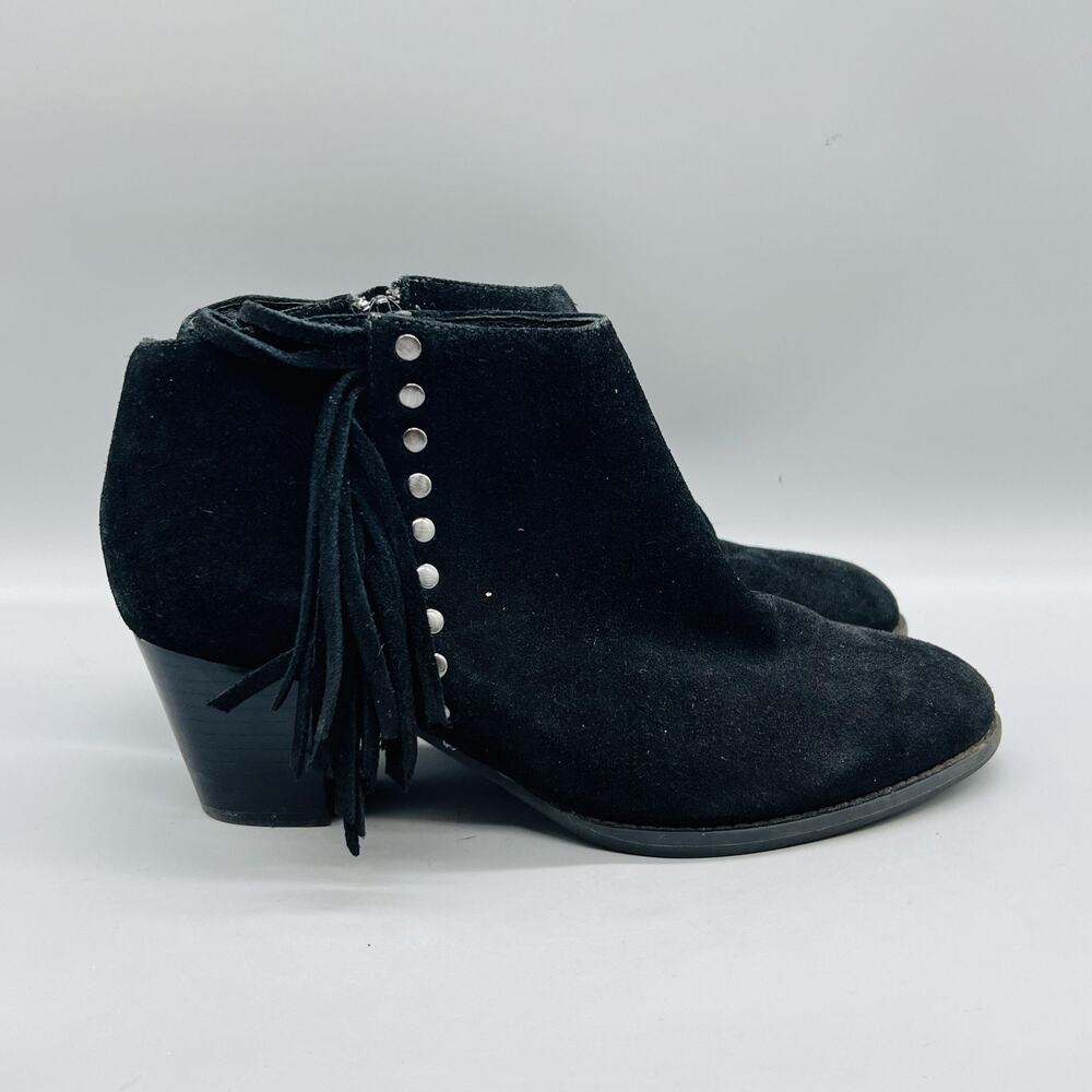 Vionic Boots Womens 8.5 Black Suede Faros Fringe Ankle Zip Block Heel Shoes